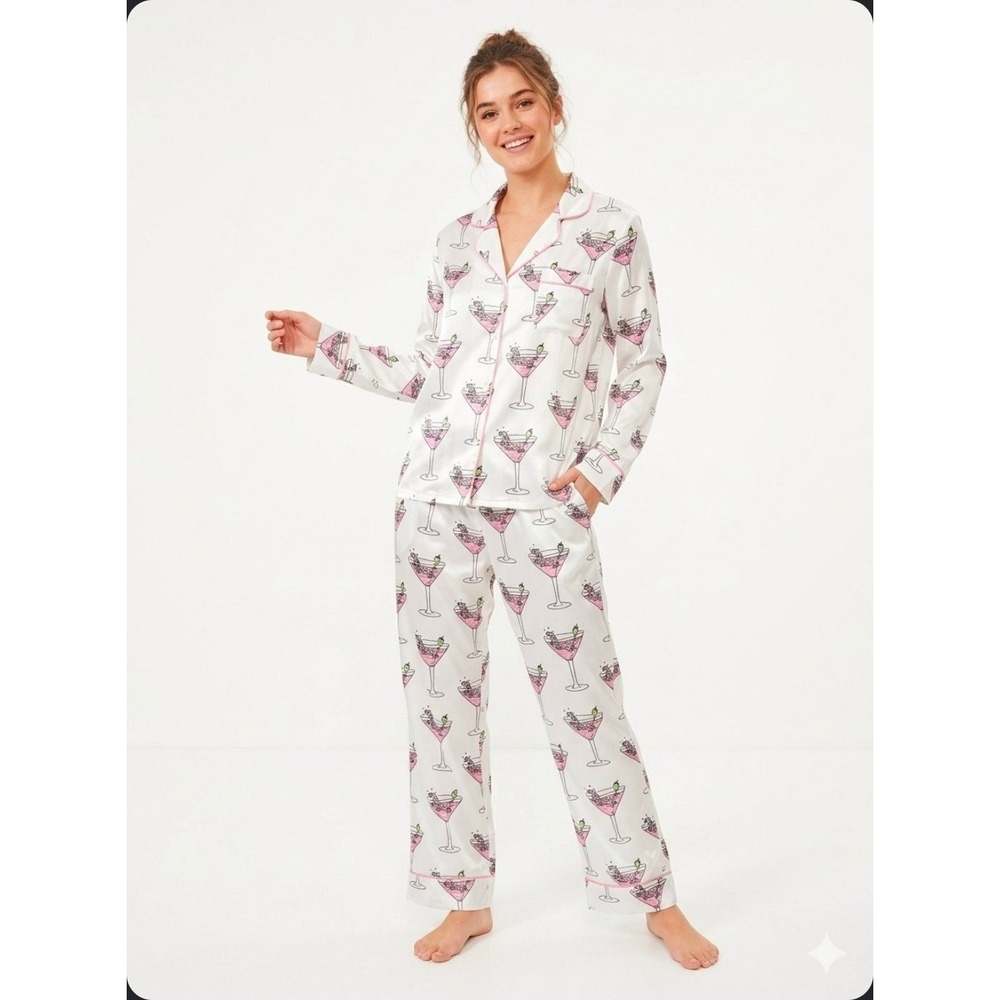 NWOT Satin Cocktail Print Long Sleeve Pajama Set Sz Medium Pink Martini PJs Chic